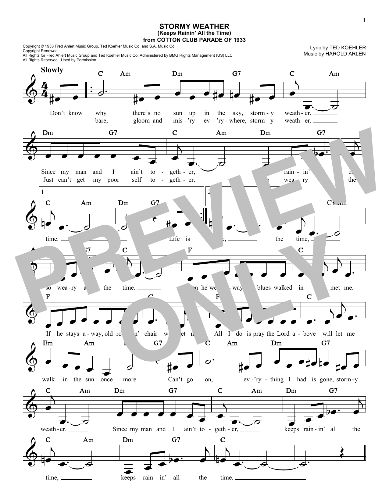 Ted Koehler & Harold Arlen Stormy Weather (Keeps Rainin' All The Time) Sheet Music Notes & Chords for Lead Sheet / Fake Book - Download or Print PDF