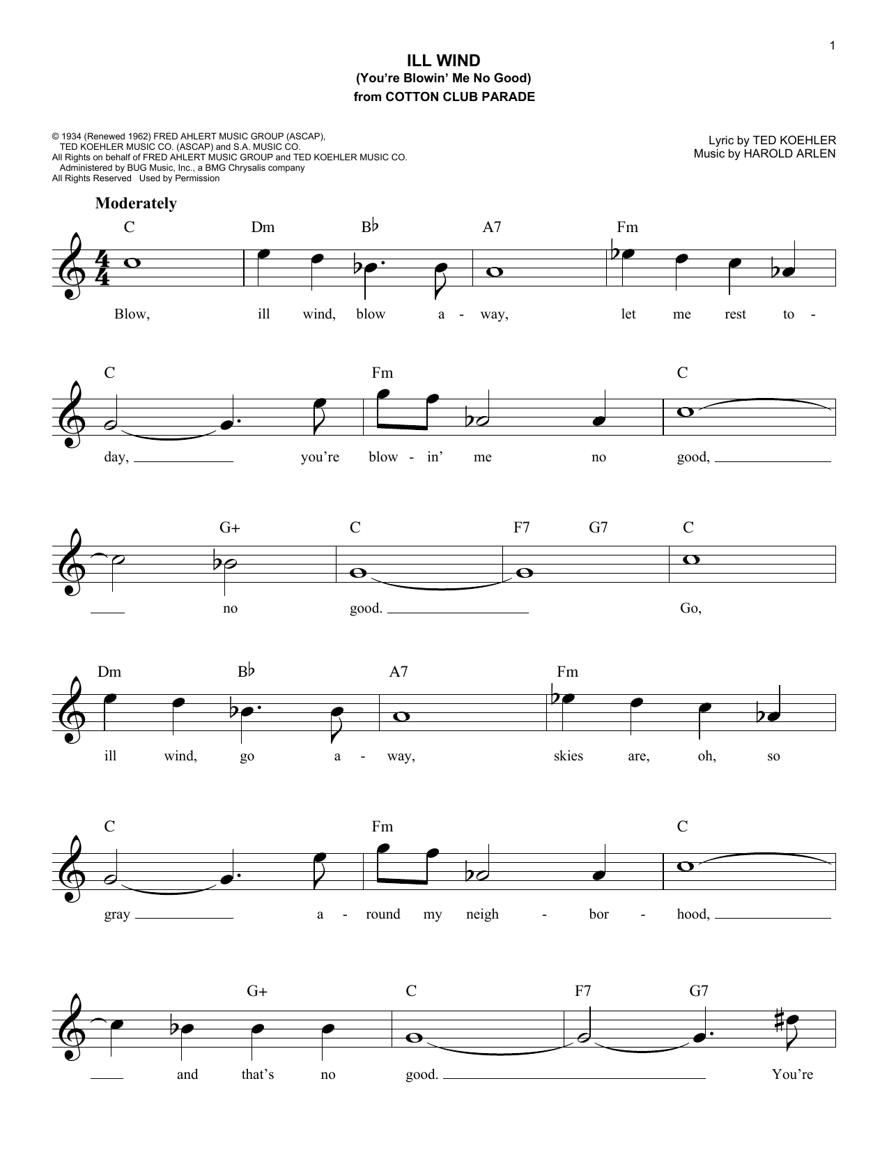 Ted Koehler Ill Wind (You're Blowin' Me No Good) Sheet Music Notes & Chords for Melody Line, Lyrics & Chords - Download or Print PDF