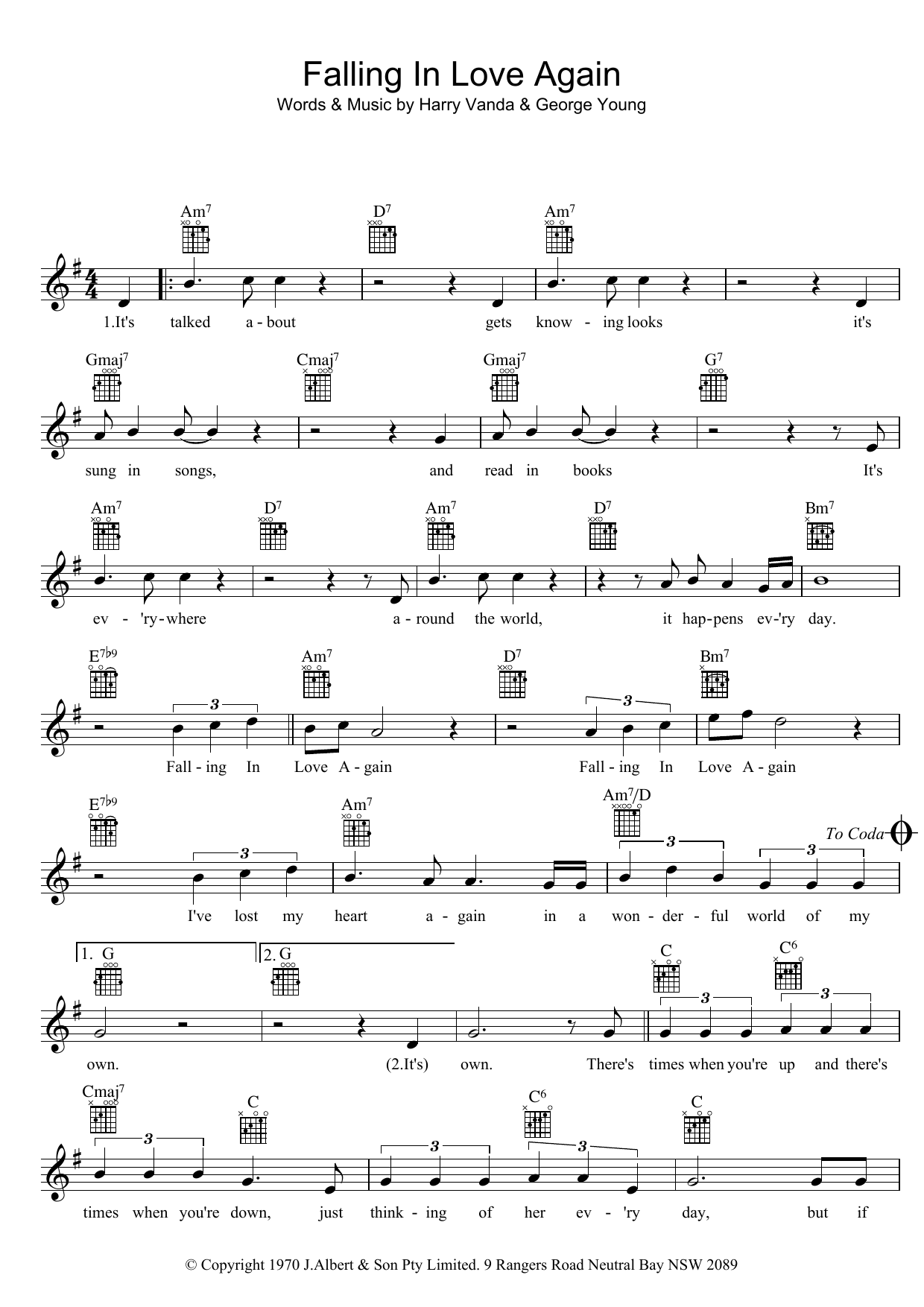 Ted Mulry Falling In Love Again Sheet Music Notes & Chords for Melody Line, Lyrics & Chords - Download or Print PDF