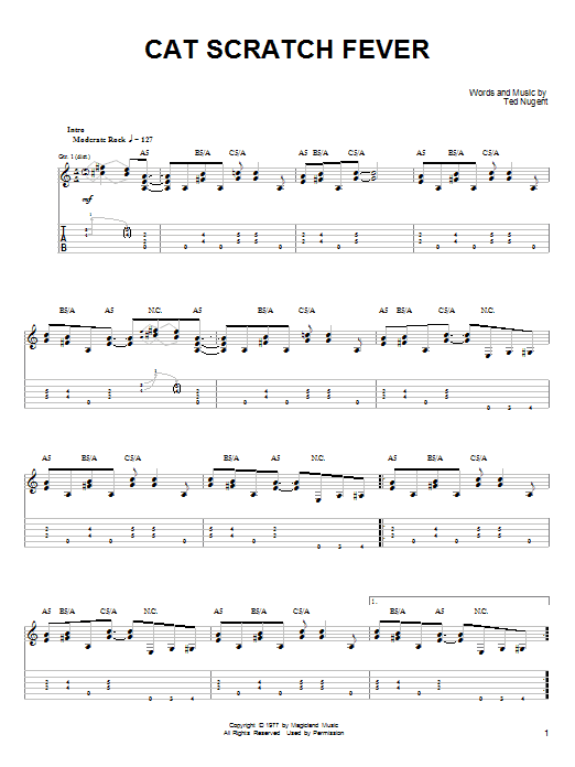 Ted Nugent Cat Scratch Fever Sheet Music Notes & Chords for Piano, Vocal & Guitar (Right-Hand Melody) - Download or Print PDF