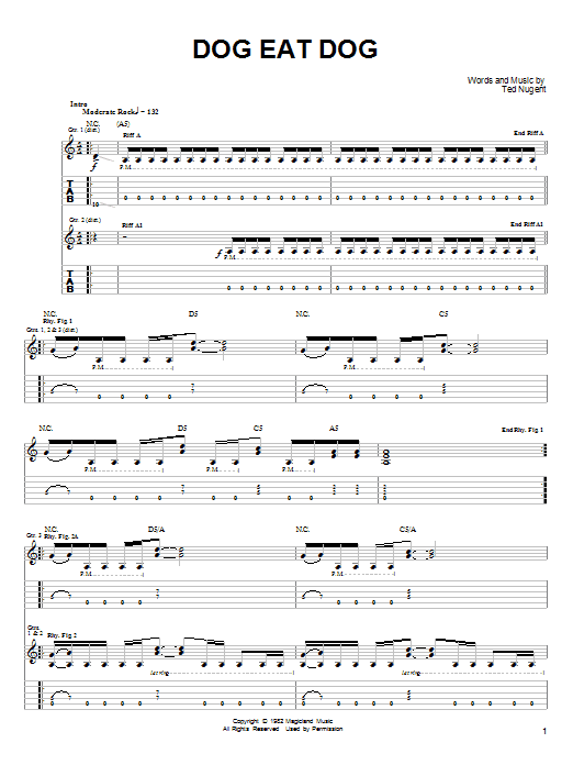Ted Nugent Dog Eat Dog Sheet Music Notes & Chords for Guitar Tab - Download or Print PDF