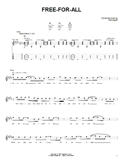 Ted Nugent Free-For-All Sheet Music Notes & Chords for Easy Guitar Tab - Download or Print PDF