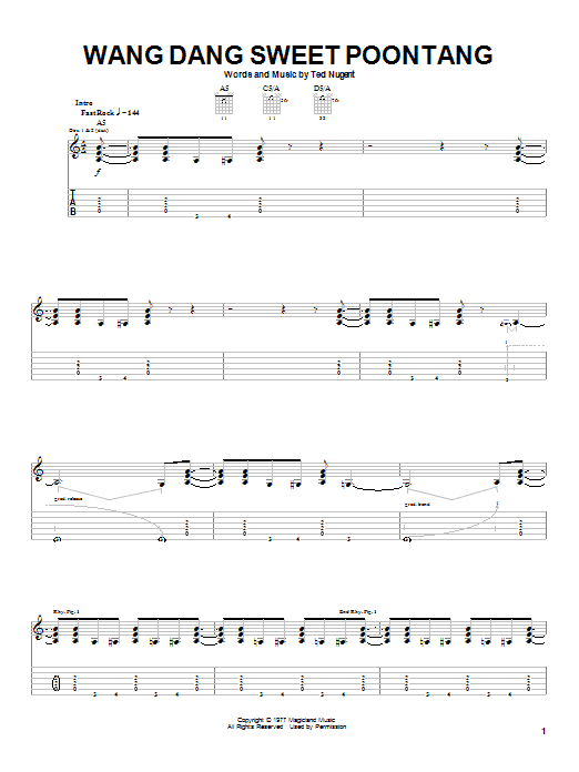 Ted Nugent Wang Dang Sweet Poontang Sheet Music Notes & Chords for Guitar Tab - Download or Print PDF