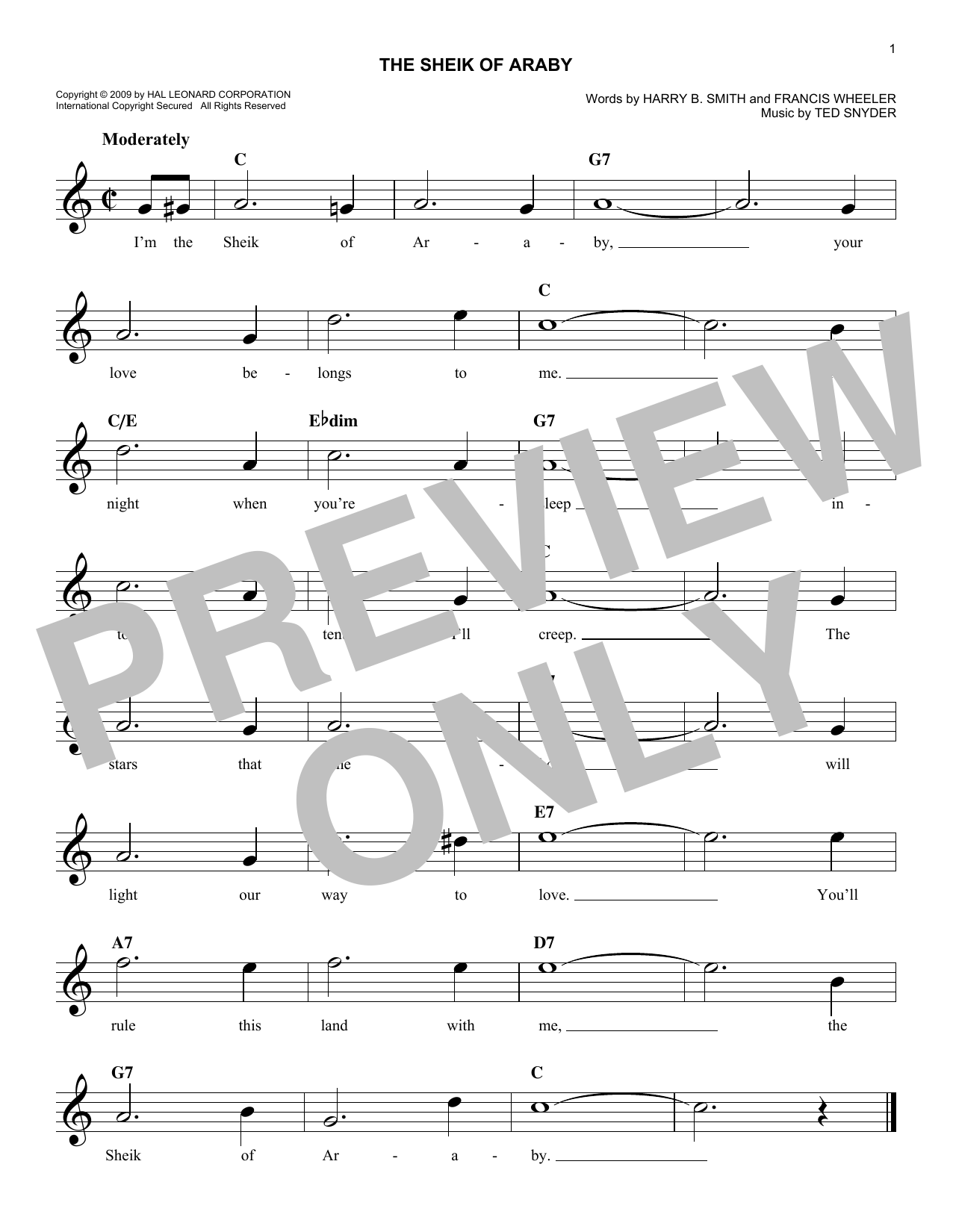 Ted Snyder The Sheik Of Araby Sheet Music Notes & Chords for Melody Line, Lyrics & Chords - Download or Print PDF