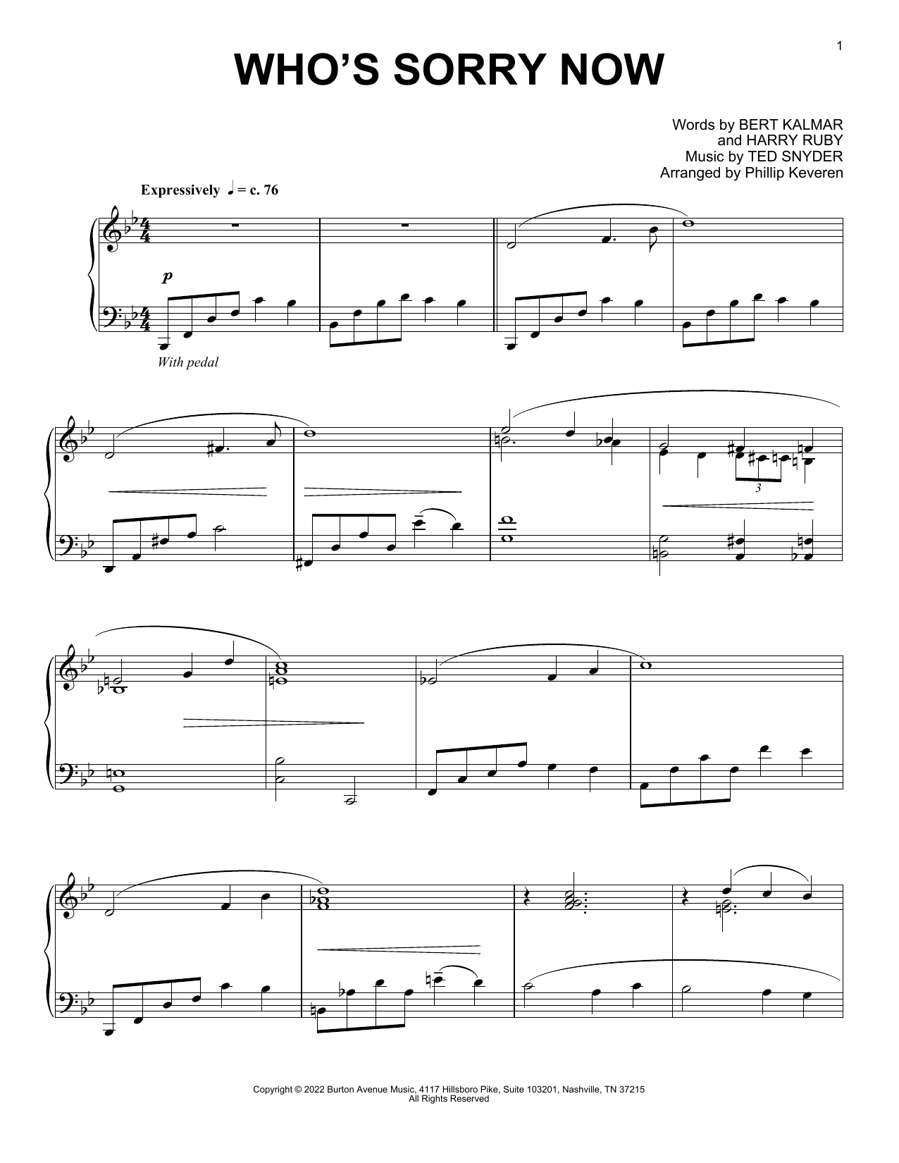 Ted Snyder Who's Sorry Now (arr. Phillip Keveren) Sheet Music Notes & Chords for Piano Solo - Download or Print PDF
