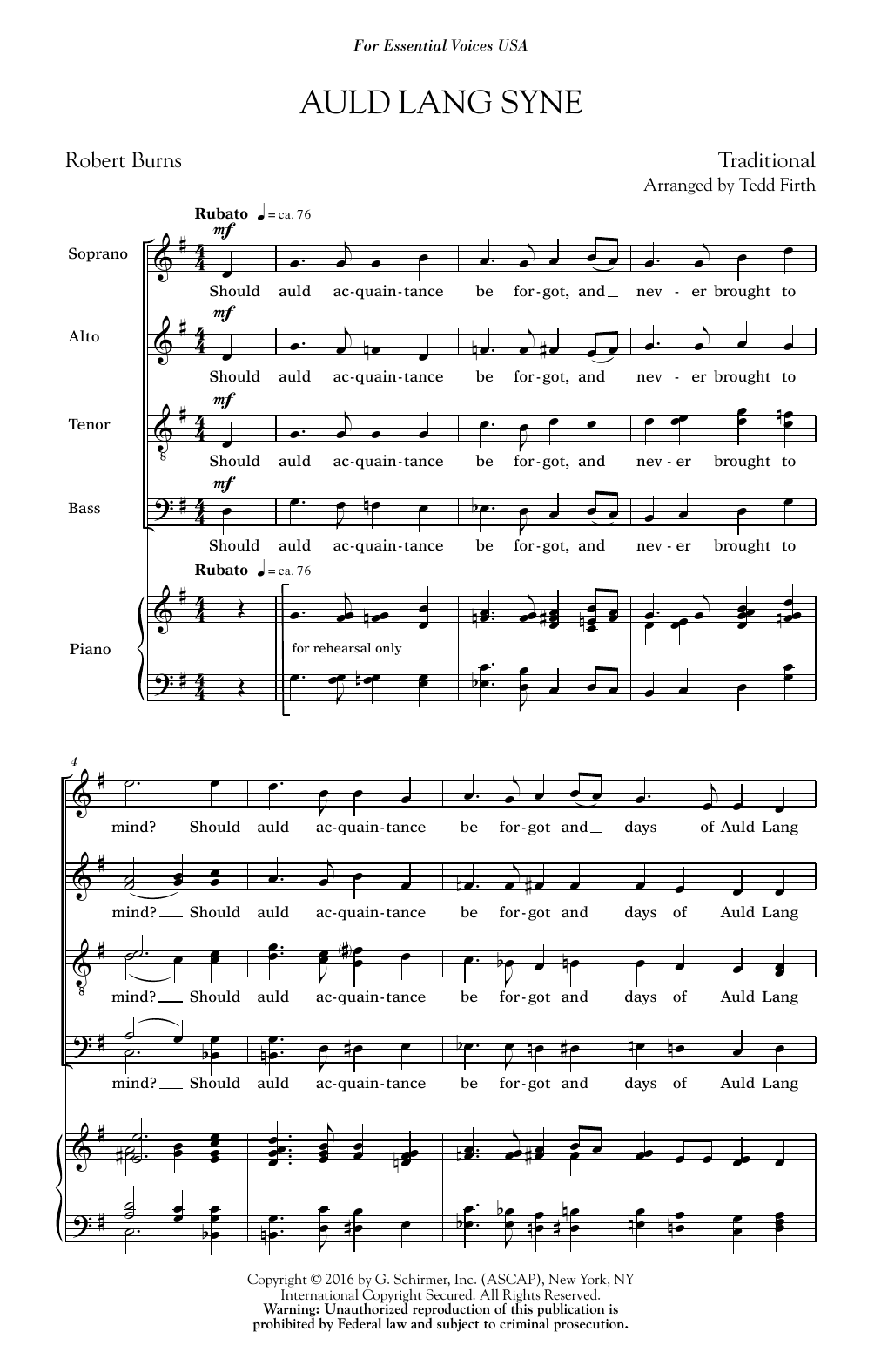 Tedd Firth Auld Lang Syne Sheet Music Notes & Chords for SATB Choir - Download or Print PDF