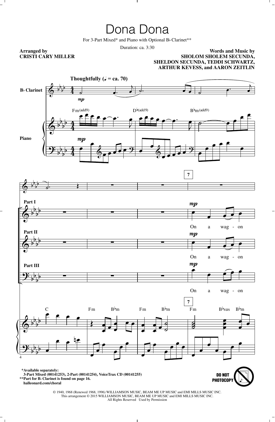 Teddi Schwartz Dona Dona (arr. Cristi Cary Miller) Sheet Music Notes & Chords for 3-Part Mixed - Download or Print PDF