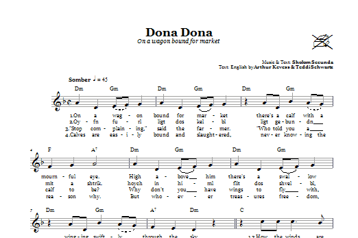 Teddi Schwartz Dona Dona (On A Wagon Bound For Market) Sheet Music Notes & Chords for Melody Line, Lyrics & Chords - Download or Print PDF