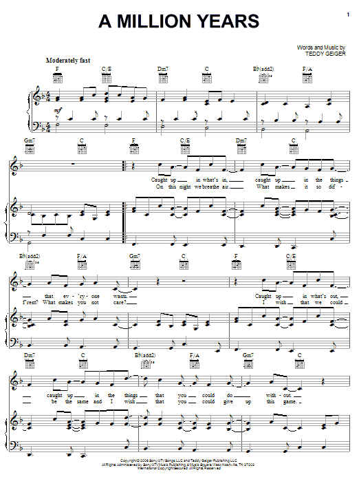 Teddy Geiger A Million Years Sheet Music Notes & Chords for Piano, Vocal & Guitar (Right-Hand Melody) - Download or Print PDF