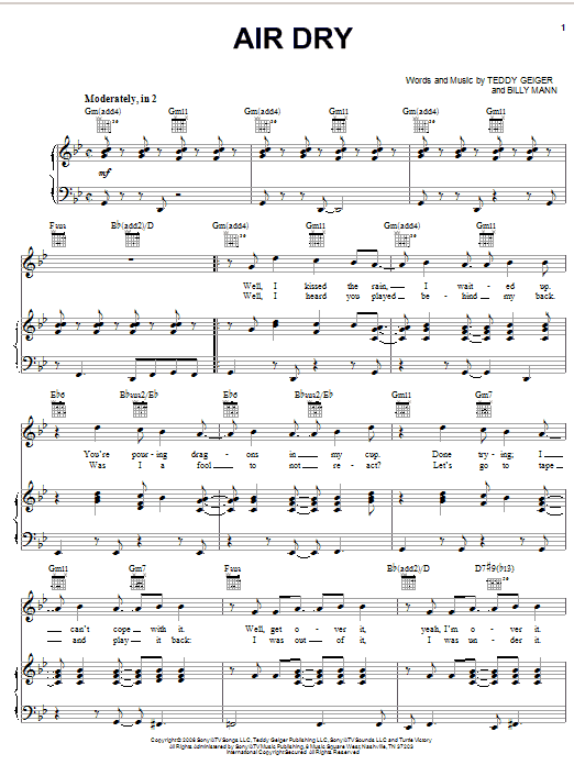 Teddy Geiger Air Dry Sheet Music Notes & Chords for Piano, Vocal & Guitar (Right-Hand Melody) - Download or Print PDF