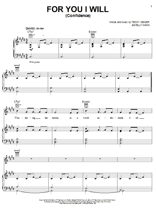 Teddy Geiger For You I Will (Confidence) Sheet Music Notes & Chords for Piano, Vocal & Guitar (Right-Hand Melody) - Download or Print PDF