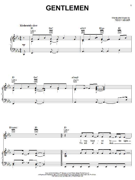 Teddy Geiger Gentlemen Sheet Music Notes & Chords for Piano, Vocal & Guitar (Right-Hand Melody) - Download or Print PDF