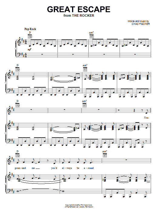 Teddy Geiger Great Escape Sheet Music Notes & Chords for Piano, Vocal & Guitar (Right-Hand Melody) - Download or Print PDF