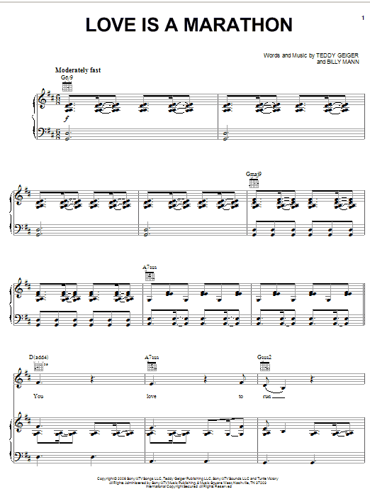 Teddy Geiger Love Is A Marathon Sheet Music Notes & Chords for Piano, Vocal & Guitar (Right-Hand Melody) - Download or Print PDF