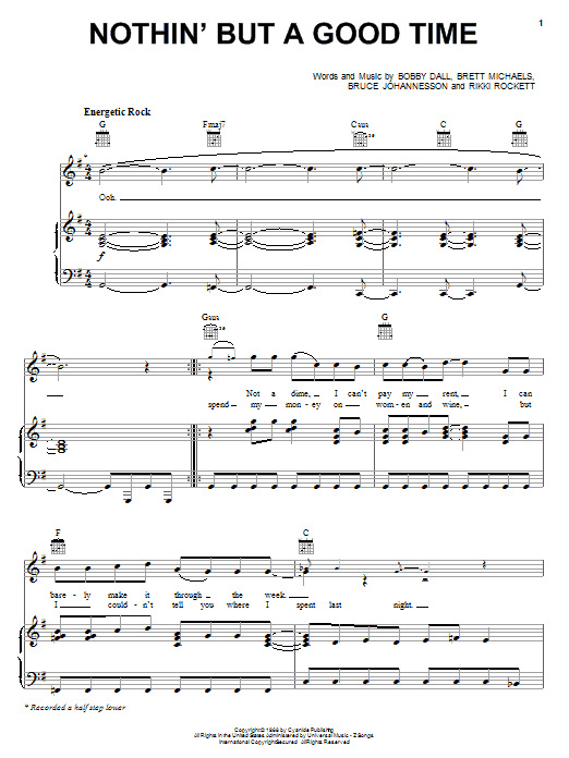 Teddy Geiger Nothin' But A Good Time Sheet Music Notes & Chords for Piano, Vocal & Guitar (Right-Hand Melody) - Download or Print PDF