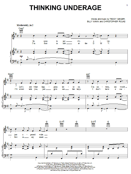 Teddy Geiger Thinking Underage Sheet Music Notes & Chords for Piano, Vocal & Guitar (Right-Hand Melody) - Download or Print PDF