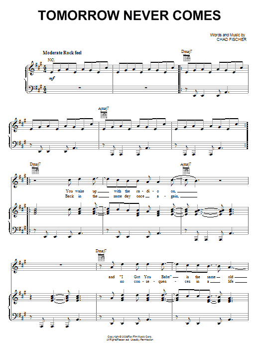 Teddy Geiger Tomorrow Never Comes Sheet Music Notes & Chords for Piano, Vocal & Guitar (Right-Hand Melody) - Download or Print PDF Teddy Geiger Tomorrow Never Comes Sheet Music Notes & Chords for Piano, Vocal & Guitar (Right-Hand Melody) - Download or Print PDF
