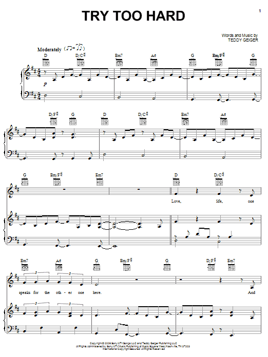 Teddy Geiger Try Too Hard Sheet Music Notes & Chords for Piano, Vocal & Guitar (Right-Hand Melody) - Download or Print PDF