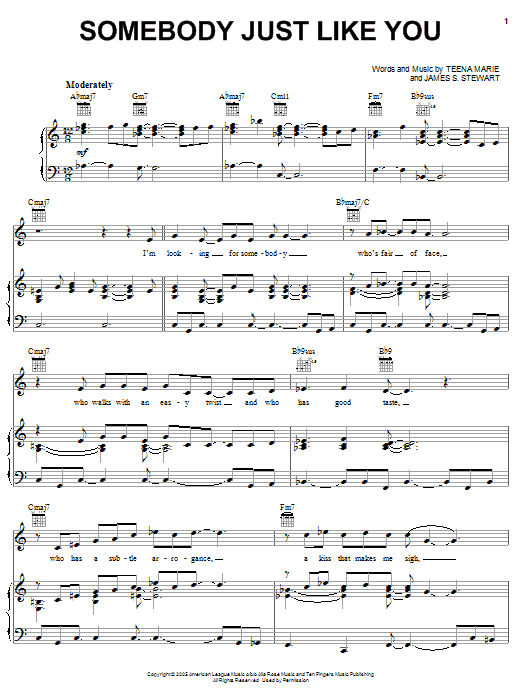 Teena Marie Somebody Just Like You Sheet Music Notes & Chords for Piano, Vocal & Guitar (Right-Hand Melody) - Download or Print PDF