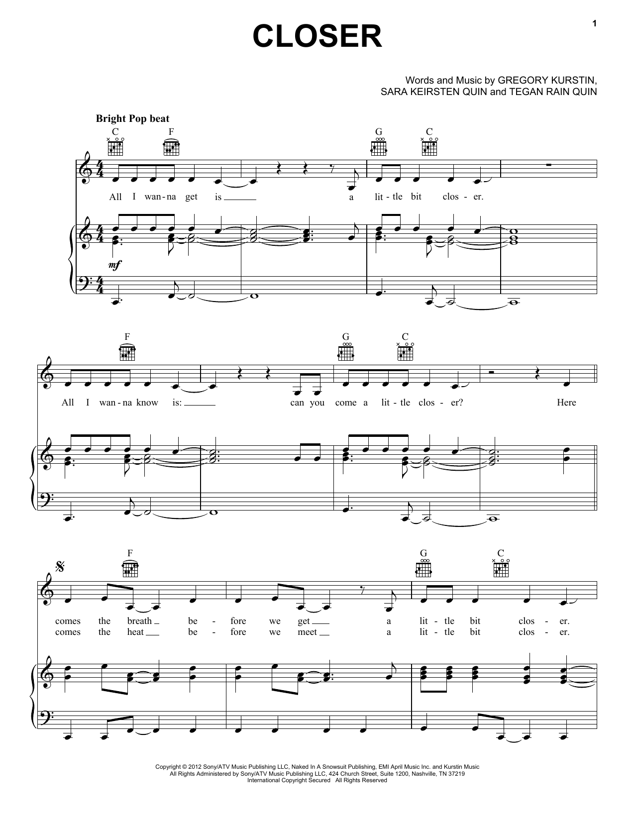 Tegan & Sara Closer Sheet Music Notes & Chords for Piano, Vocal & Guitar (Right-Hand Melody) - Download or Print PDF