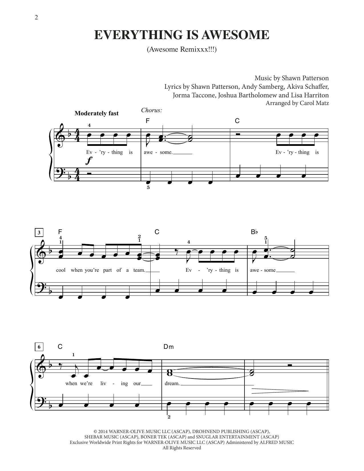 Tegan and Sara Everything Is Awesome (from The Lego Movie) (arr. Carol Matz) Sheet Music Notes & Chords for Big Note Piano - Download or Print PDF