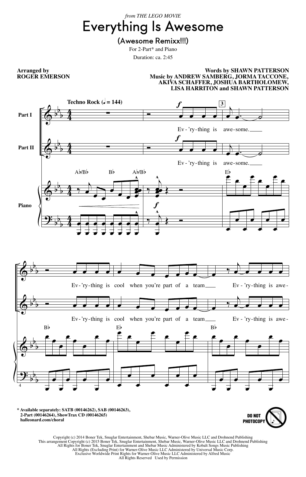 Tegan and Sara Everything Is Awesome (Awesome Remixx!!!) (arr. Roger Emerson) Sheet Music Notes & Chords for 2-Part Choir - Download or Print PDF