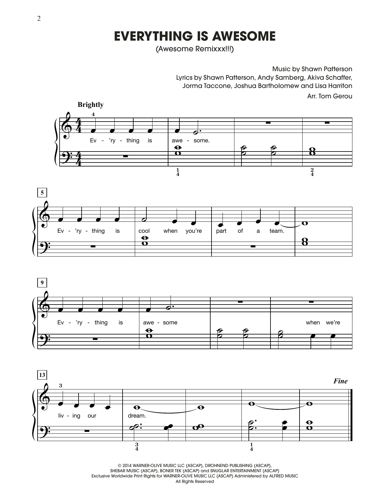 Tegan and Sara Everything Is Awesome (from The Lego Movie) (arr. Tom Gerou) Sheet Music Notes & Chords for Big Note Piano - Download or Print PDF
