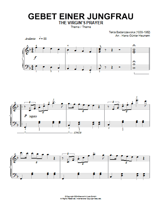 Tekla Badarczewska The Virgin's Prayer (Theme) Sheet Music Notes & Chords for Piano - Download or Print PDF