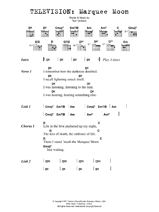 Television Marquee Moon Sheet Music Notes & Chords for Lyrics & Chords - Download or Print PDF