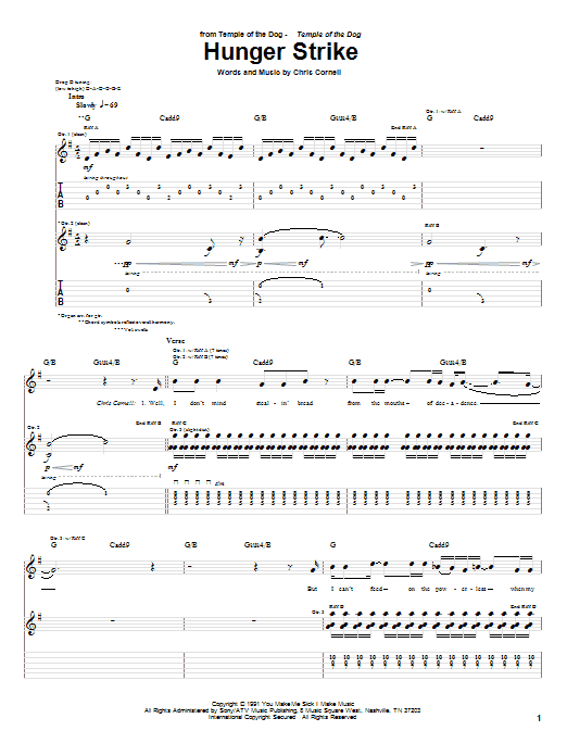 Temple Of The Dog Hunger Strike Sheet Music Notes & Chords for Guitar Tab Play-Along - Download or Print PDF