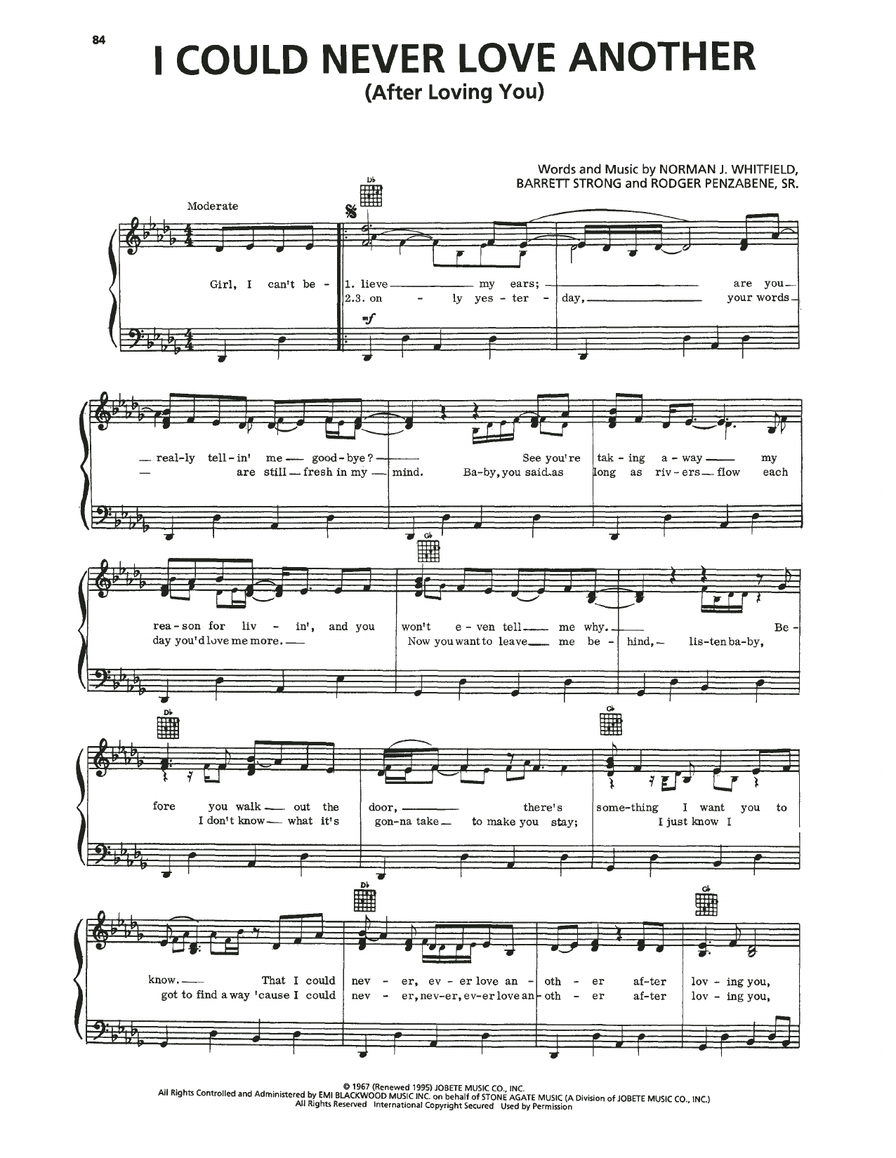 Temptations I Could Never Love Another (After Loving You) Sheet Music Notes & Chords for Piano, Vocal & Guitar Chords (Right-Hand Melody) - Download or Print PDF