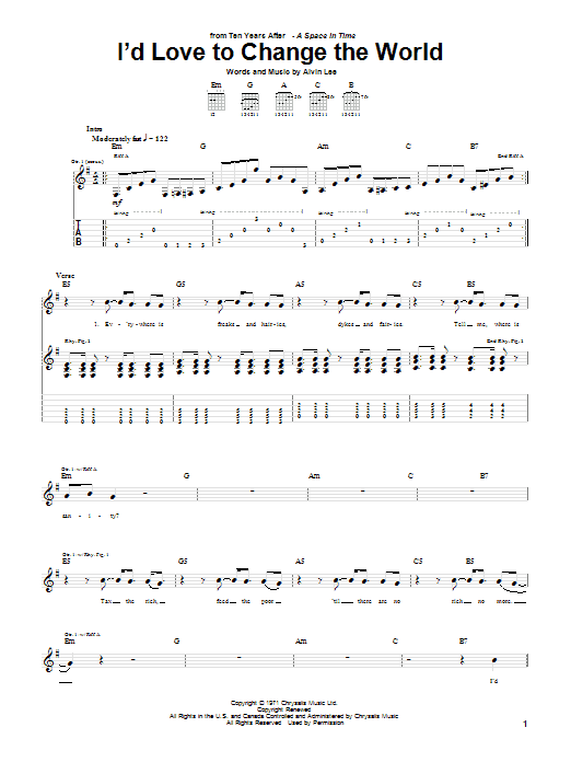 Ten Years After I'd Love To Change The World Sheet Music Notes & Chords for Easy Guitar Tab - Download or Print PDF