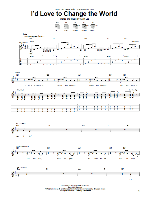 Ten Years After I'd Love To Change The World Sheet Music Notes & Chords for Guitar Tab Play-Along - Download or Print PDF