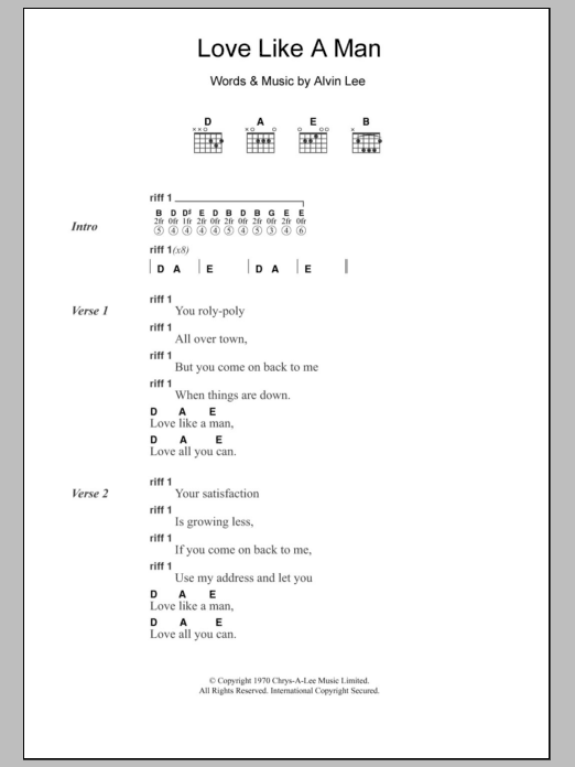Ten Years After Love Like A Man Sheet Music Notes & Chords for Lyrics & Chords - Download or Print PDF Ten Years After Love Like A Man Sheet Music Notes & Chords for Lyrics & Chords - Download or Print PDF