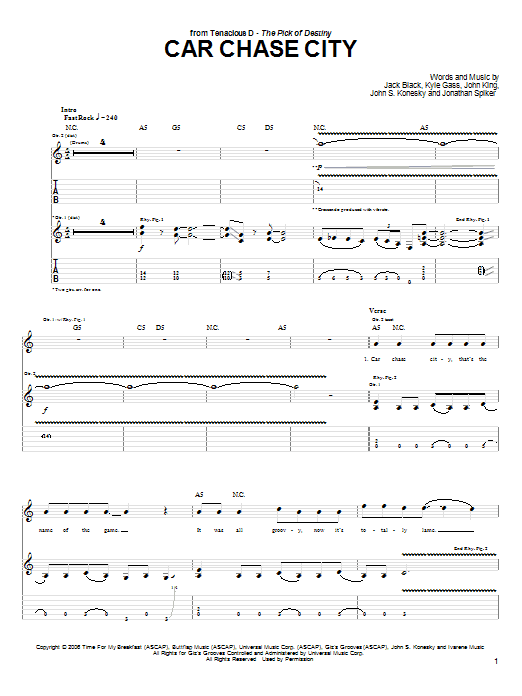 Tenacious D Car Chase City Sheet Music Notes & Chords for Guitar Tab - Download or Print PDF