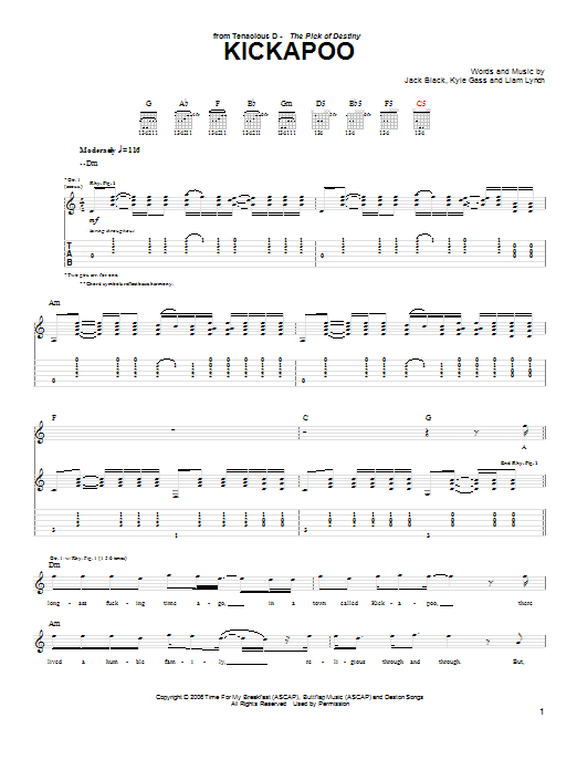 Tenacious D Kickapoo Sheet Music Notes & Chords for Guitar Tab - Download or Print PDF