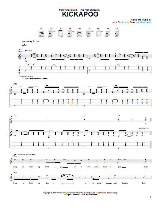 Tenacious D Kickapoo Sheet Music Notes & Chords for Lyrics & Chords - Download or Print PDF