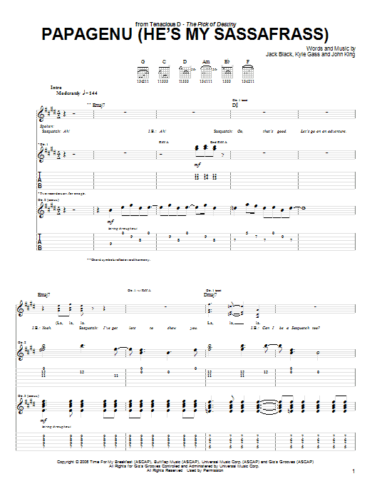 Tenacious D Papagenu (He's My Sassafrass) Part 1 Sheet Music Notes & Chords for Guitar Tab - Download or Print PDF