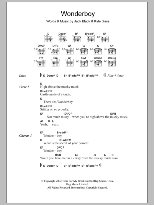 Tenacious D Wonderboy Sheet Music Notes & Chords for Lyrics & Chords - Download or Print PDF