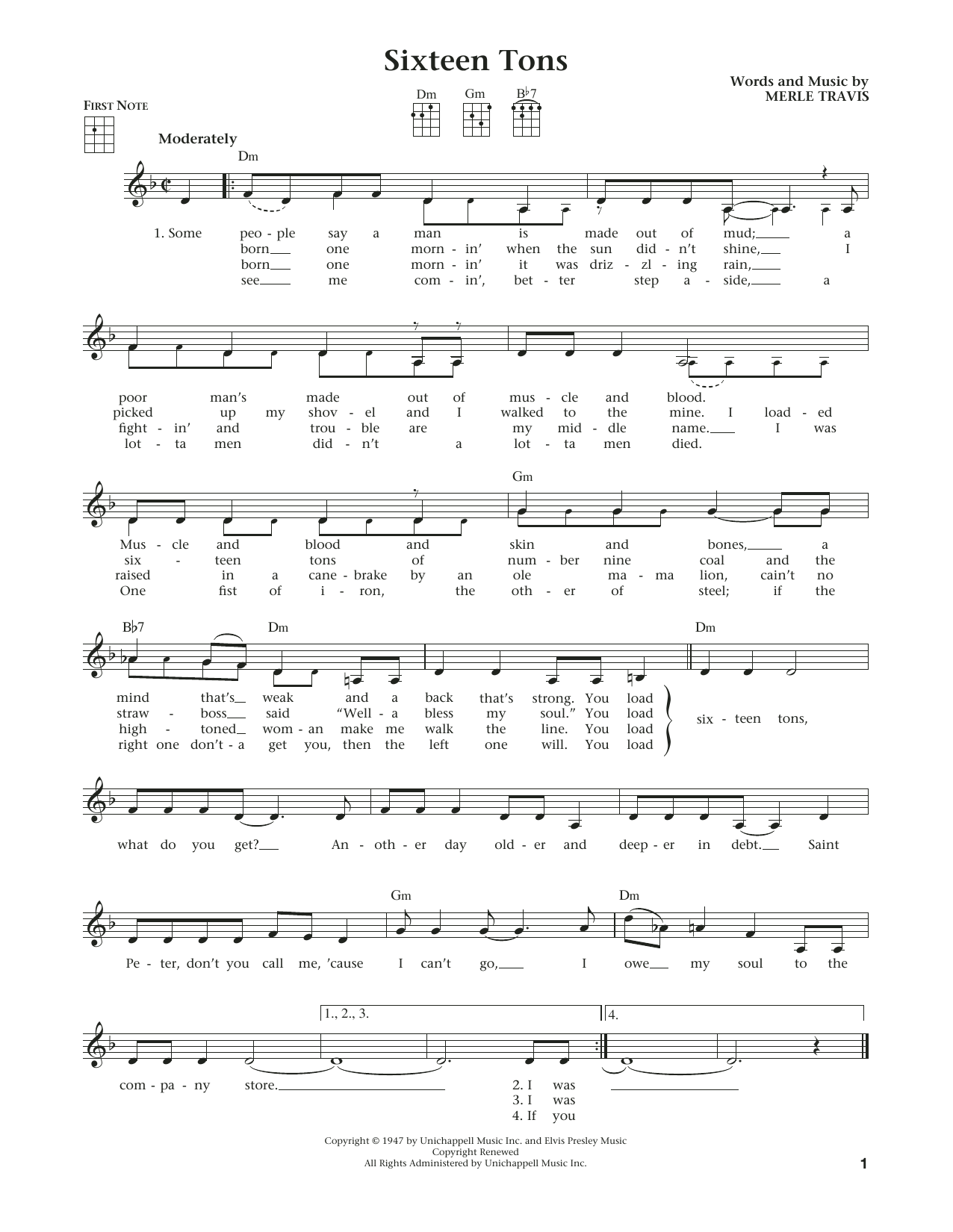 Tennessee Ernie Ford Sixteen Tons (from The Daily Ukulele) (arr. Liz and Jim Beloff) Sheet Music Notes & Chords for Ukulele - Download or Print PDF