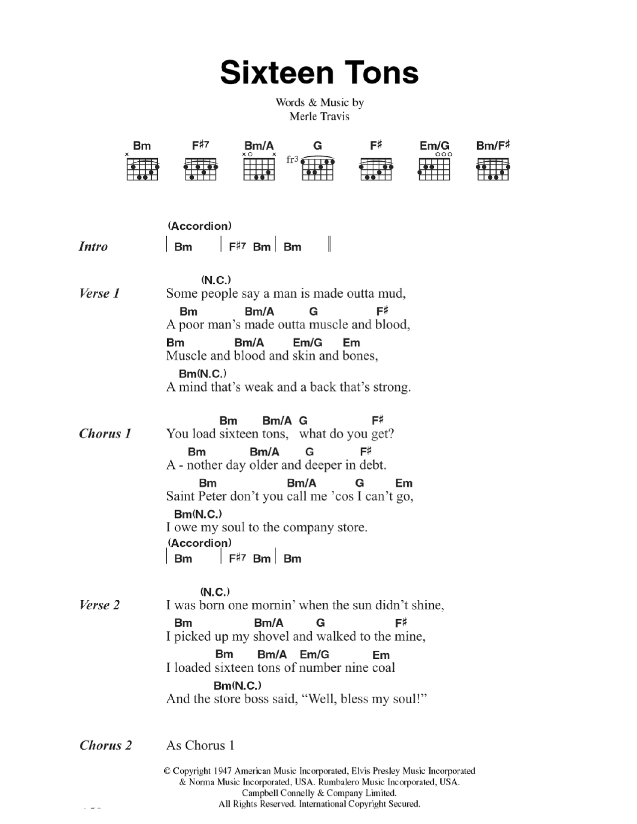 Tennessee Ernie Ford Sixteen Tons Sheet Music Notes & Chords for Lyrics & Chords - Download or Print PDF