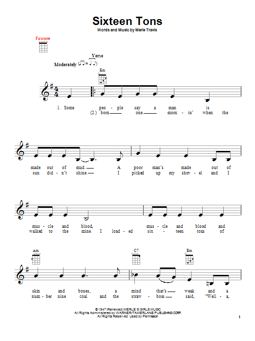 Tennessee Ernie Ford Sixteen Tons Sheet Music Notes & Chords for Ukulele - Download or Print PDF