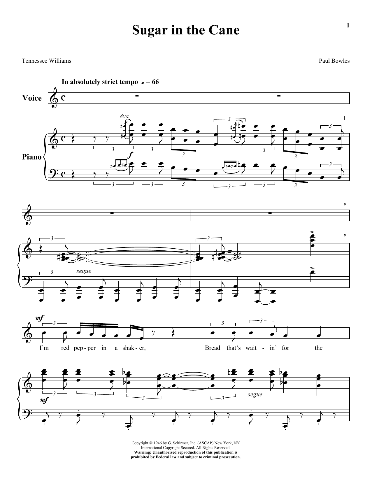 Tennessee Williams Sugar In The Cane Sheet Music Notes & Chords for Piano & Vocal - Download or Print PDF