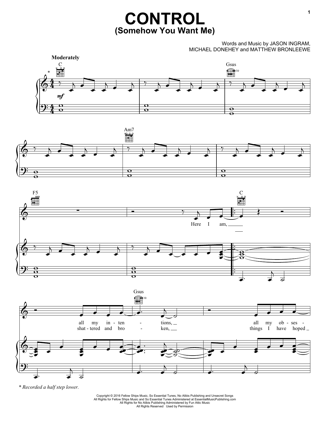 Tenth Avenue North Control (Somehow You Want Me) Sheet Music Notes & Chords for Piano, Vocal & Guitar (Right-Hand Melody) - Download or Print PDF