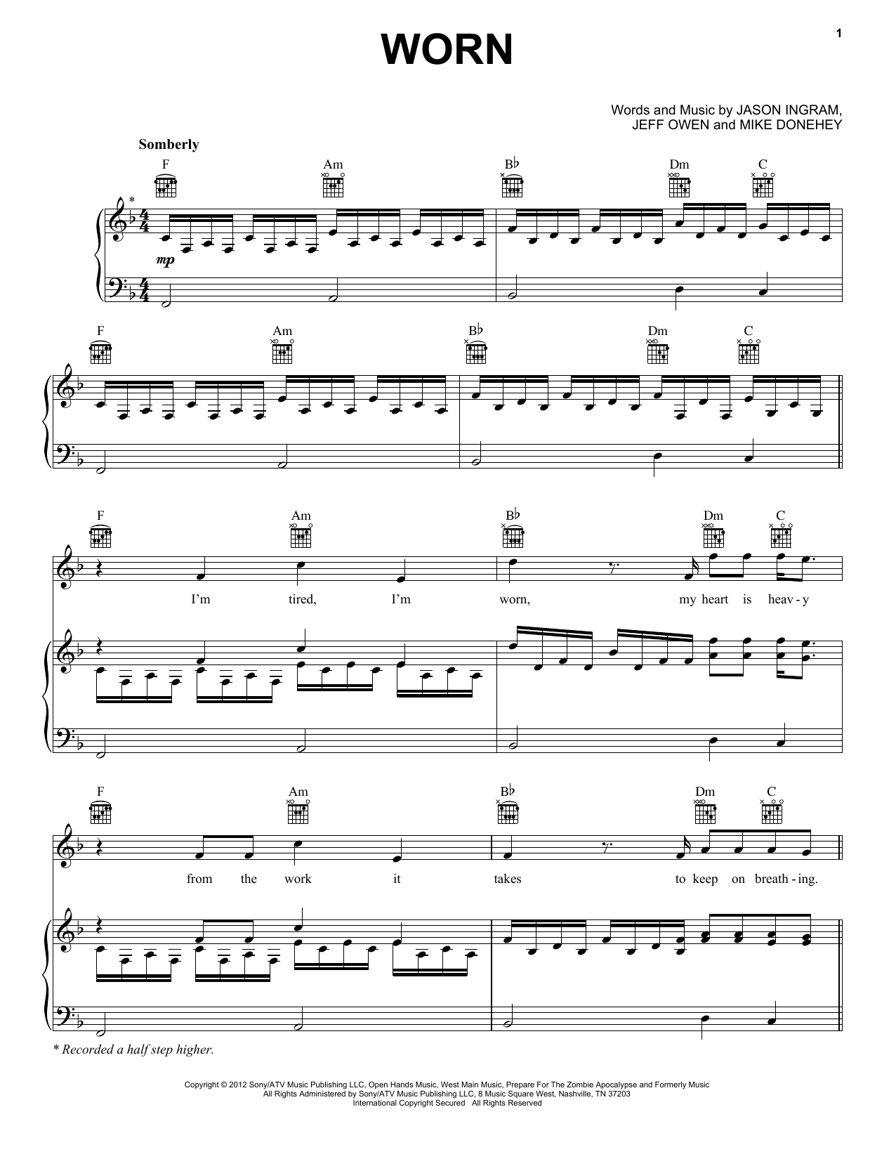 Tenth Avenue North Worn Sheet Music Notes & Chords for Piano, Vocal & Guitar (Right-Hand Melody) - Download or Print PDF