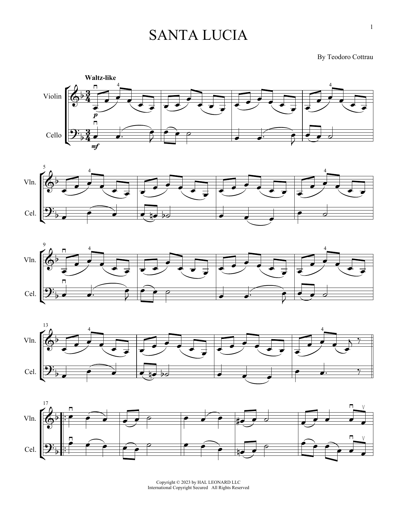 Teodoro Cottrau Santa Lucia (arr. Michelle Hynson) Sheet Music Notes & Chords for Instrumental Duet - Download or Print PDF