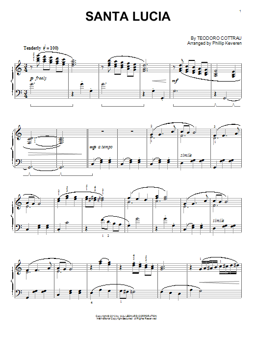 Teodoro Cottrau Santa Lucia Sheet Music Notes & Chords for Piano - Download or Print PDF