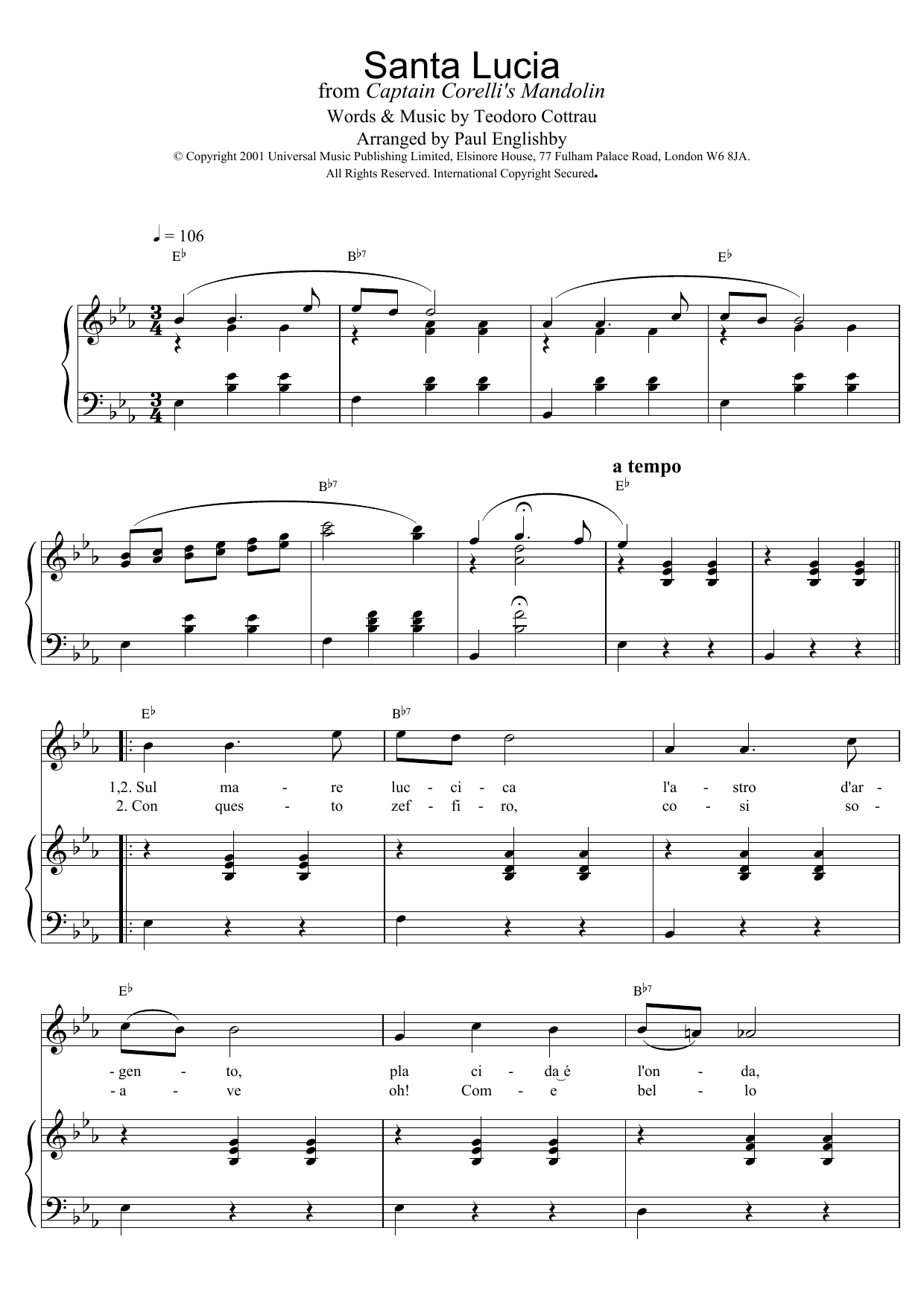 Traditional Santa Lucia Sheet Music Notes & Chords for Melody Line & Chords - Download or Print PDF