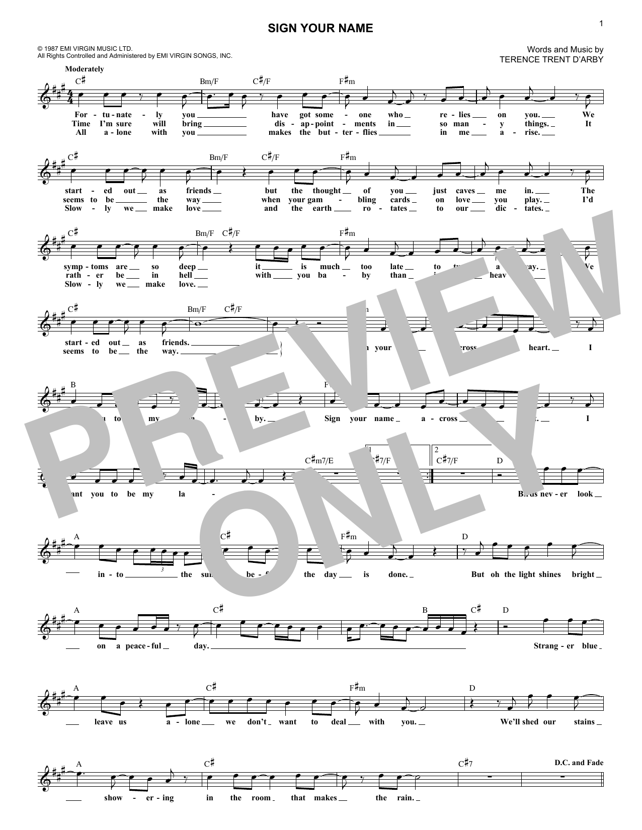 Terence Trent D'Arby Sign Your Name Sheet Music Notes & Chords for Guitar Chords/Lyrics - Download or Print PDF