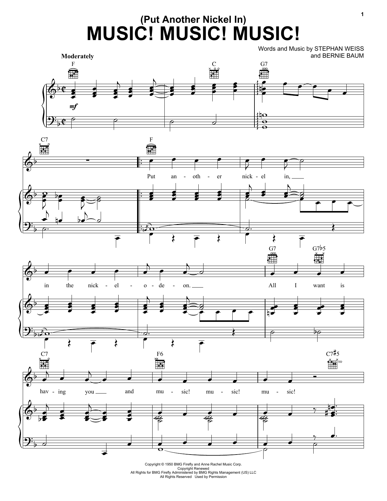 Teresa Brewer (Put Another Nickel In) Music! Music! Music! Sheet Music Notes & Chords for Piano, Vocal & Guitar (Right-Hand Melody) - Download or Print PDF